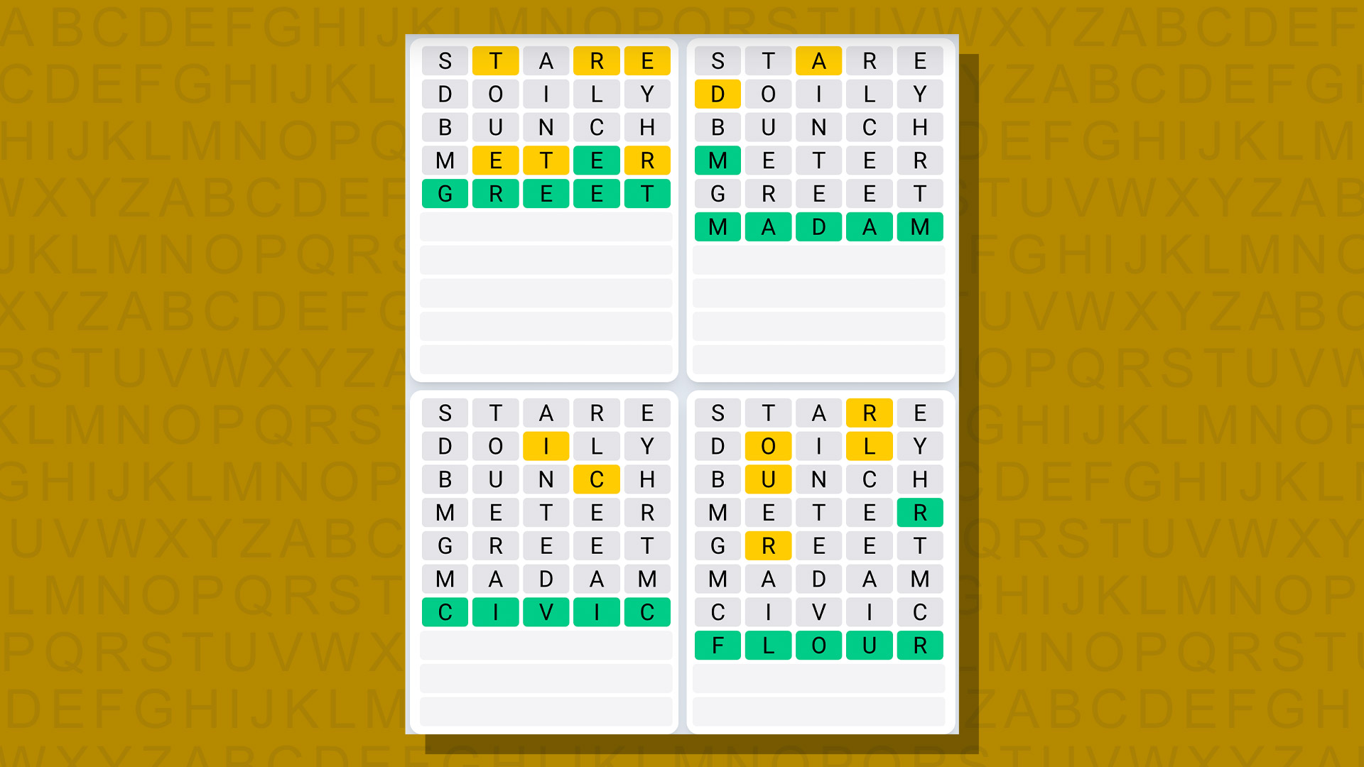 Quordle daily sequence answers for game 697 on a yellow background