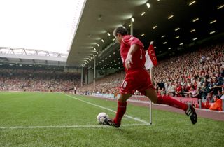 Nick Barmby takes a corner for Liverpool against Manchester City in 2000.