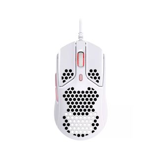 A pink and white gaming mouse with a honeycomb design