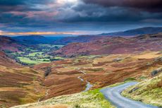 Looking down from Hardknott Pass, Lake District National Park, Cumbria, England, United Kingdom, Europe.