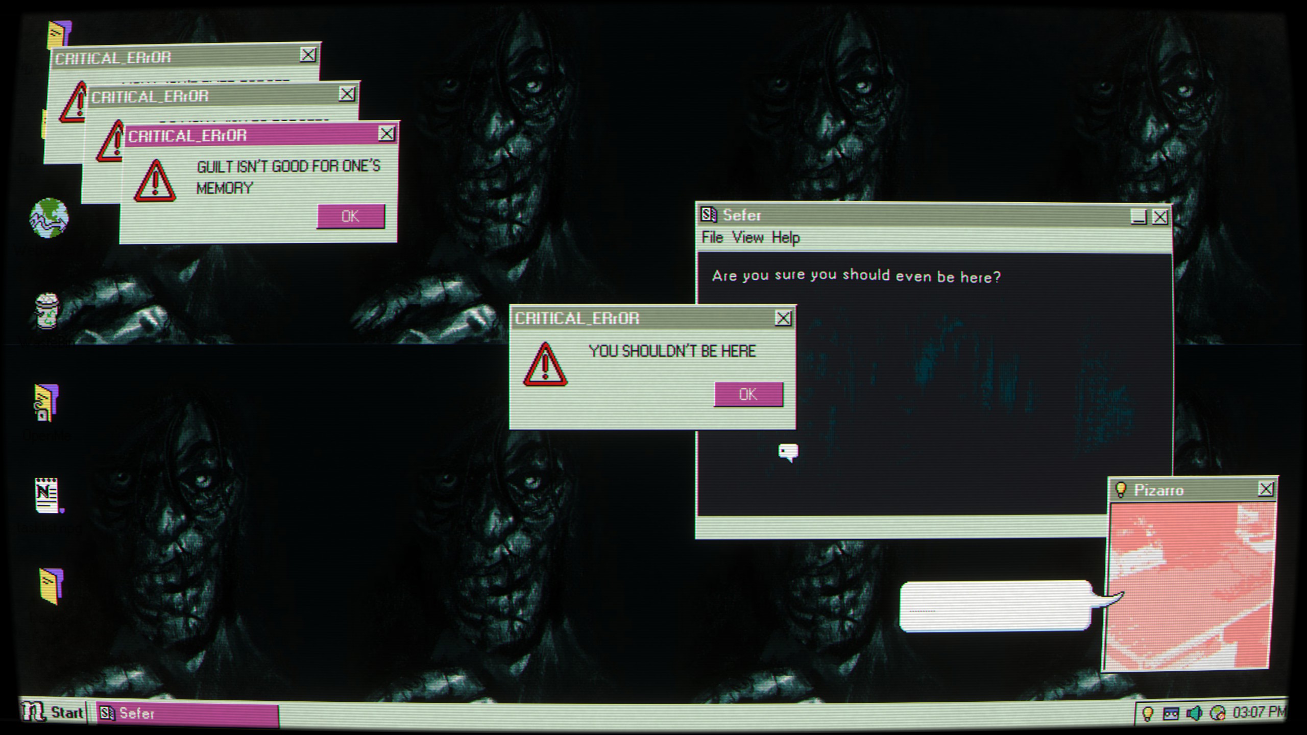 Desktop crashes and fills with spooky warning pop-ups. A sinister face is in the background.