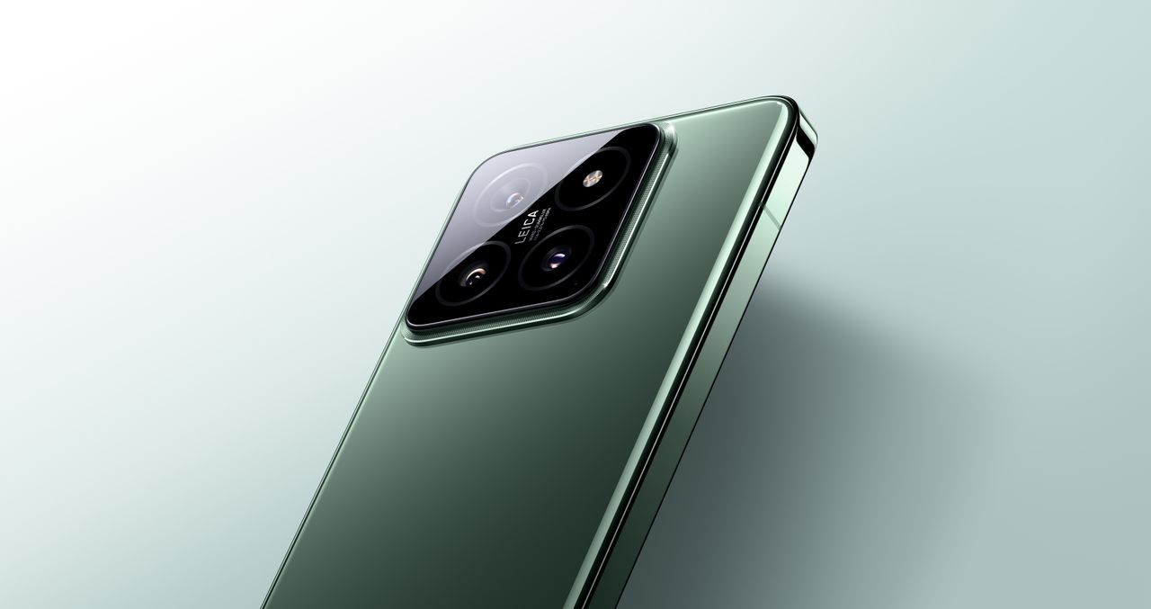 The Xiaomi 14 in green on a white background