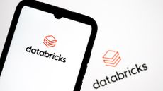 Databricks logo and branding on a smartphone screen, with company branding also pictured in background.