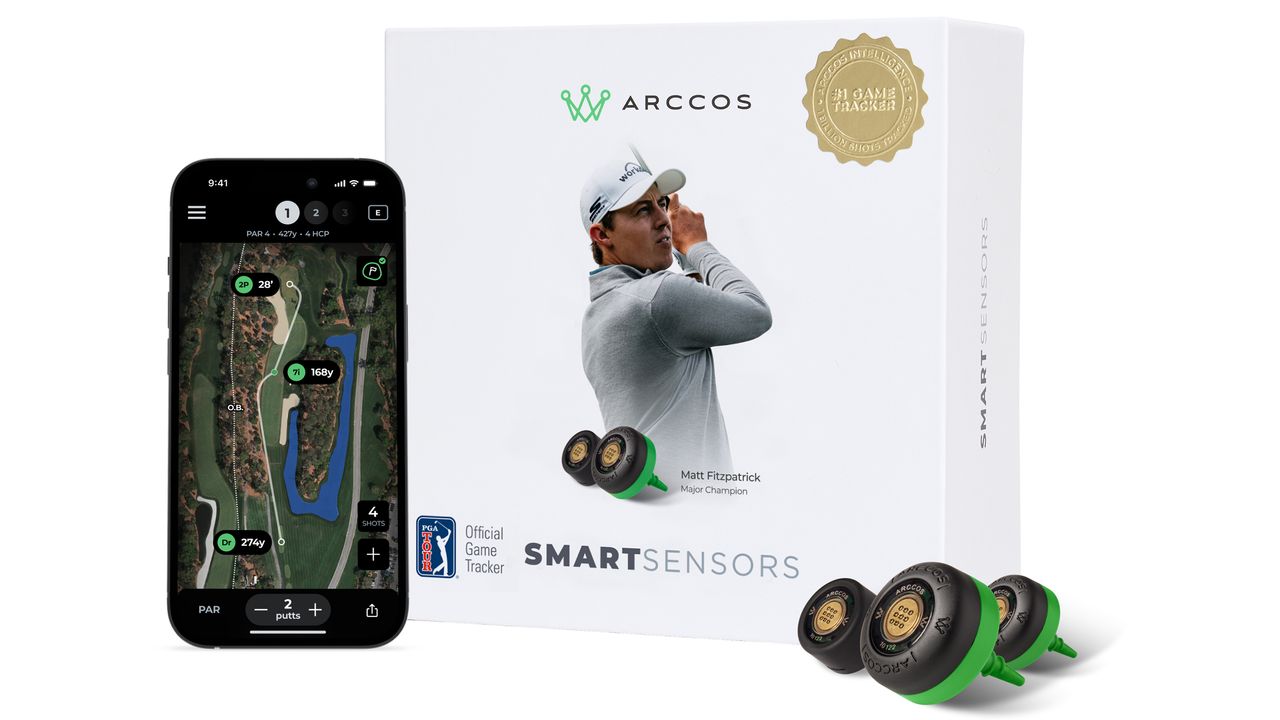 Arccos Golf smart sensors, the box it comes in and a smartphone screen using the Arccos app on a golf course