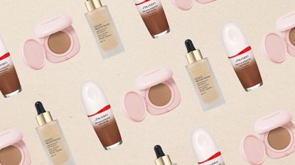 Collage of three of the best foundations for mature skin featured in this guide from Shiseido, Sculpted by Aimee and Estée Lauder, set at an angle and repeated against a beige background