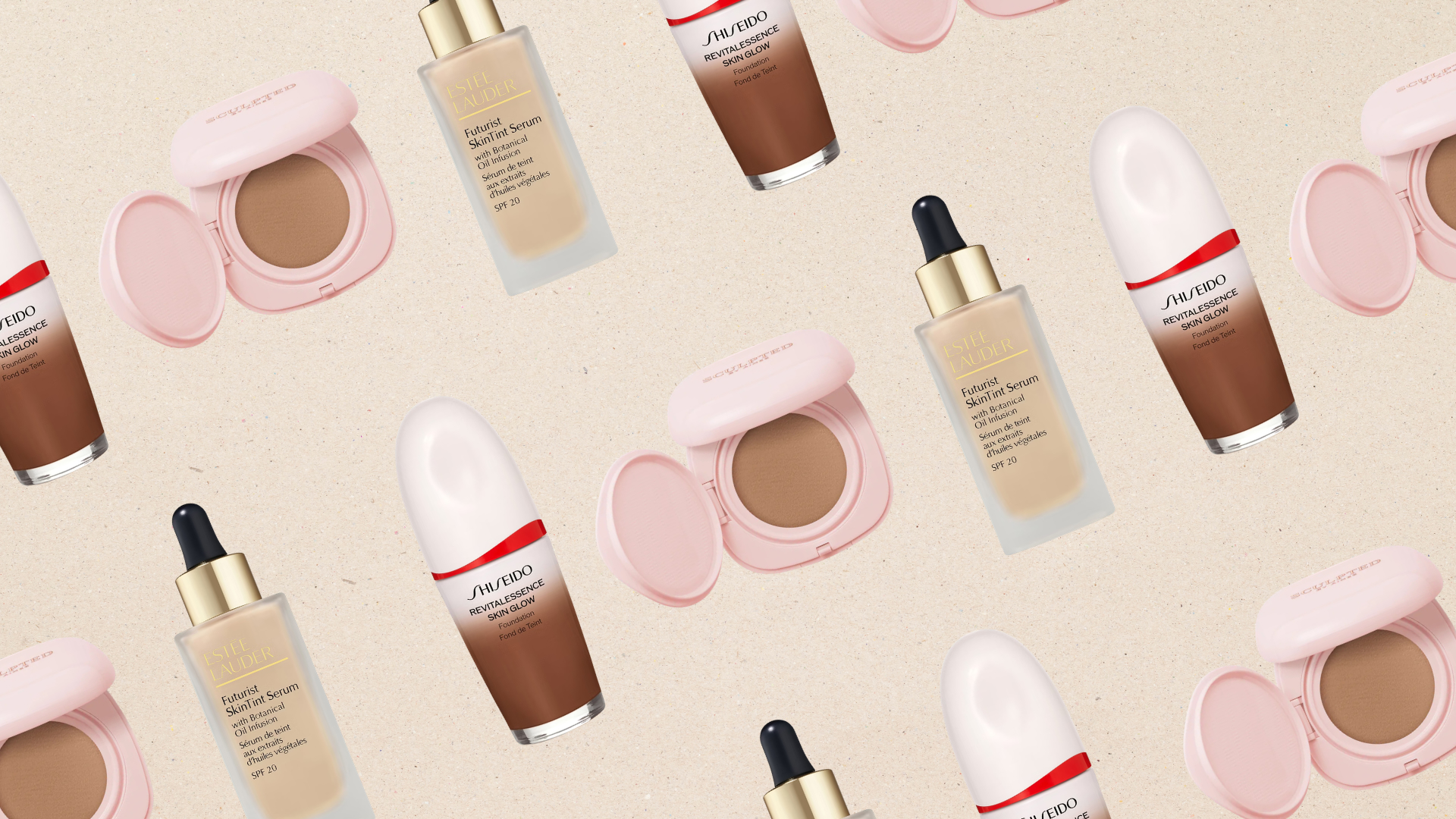 Collage of three of the best foundations for mature skin featured in this guide from Shiseido, Sculpted by Aimee and Est&eacute;e Lauder, set at an angle and repeated against a beige background