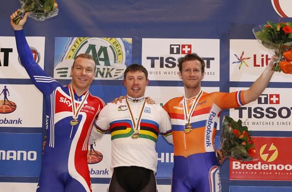 Sir Chris Hoy, Shane Perkins and Teun Mulder made up the men's keirin podium