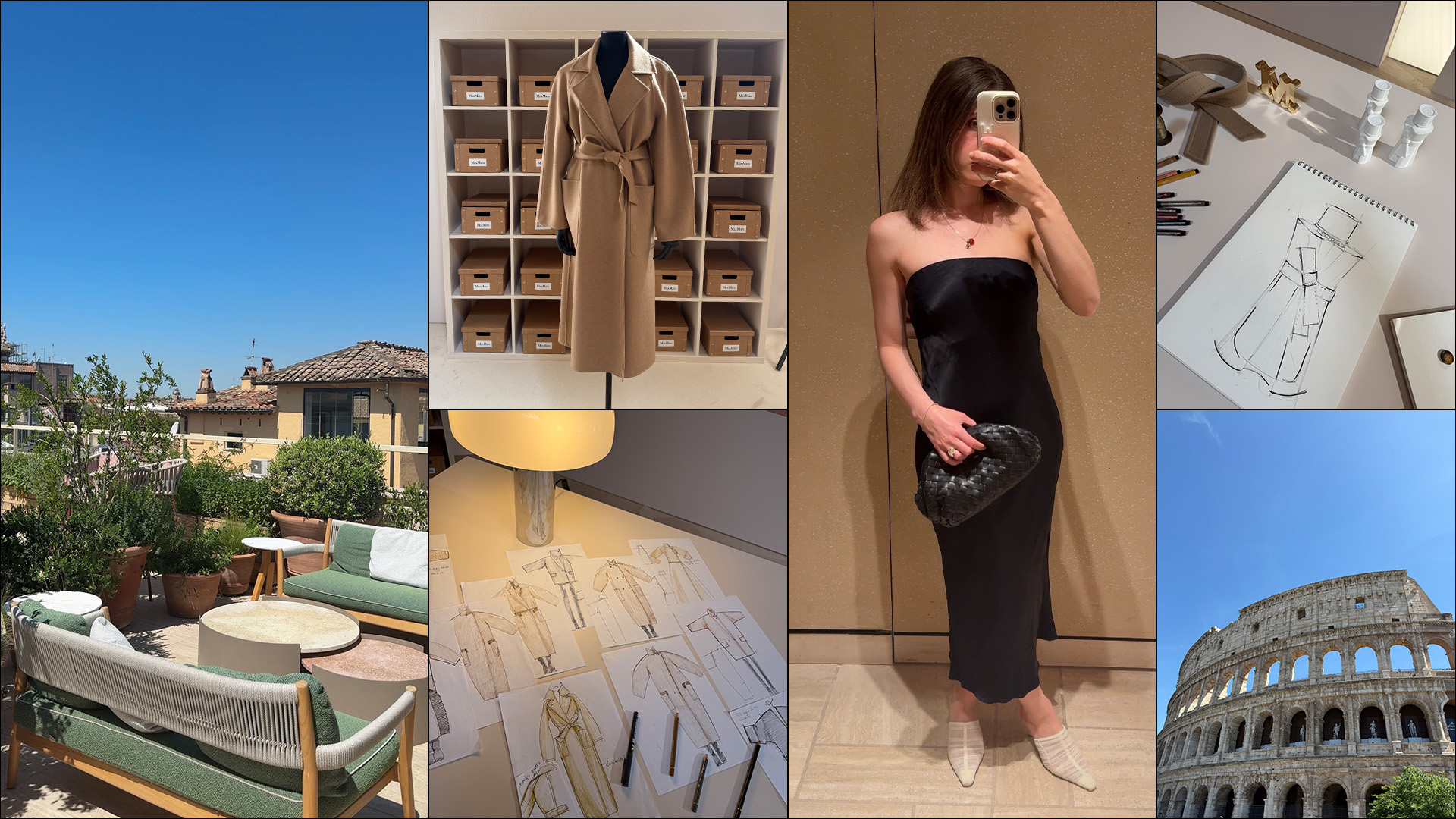Collage of Jamie Chevron in Rome with Max Mara.