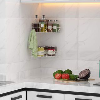 kitchen with white tiles tomato storage basket