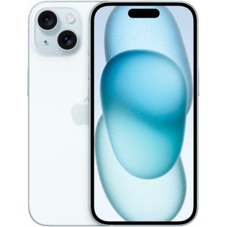 Render of the front and back of the blue iPhone 15