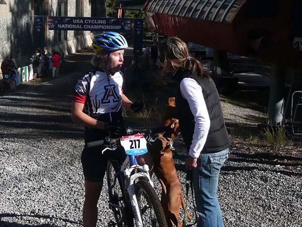 Chloe Forsman is congratulated by Luna Teammate (in non-collegiate racing) Katerina Nash.