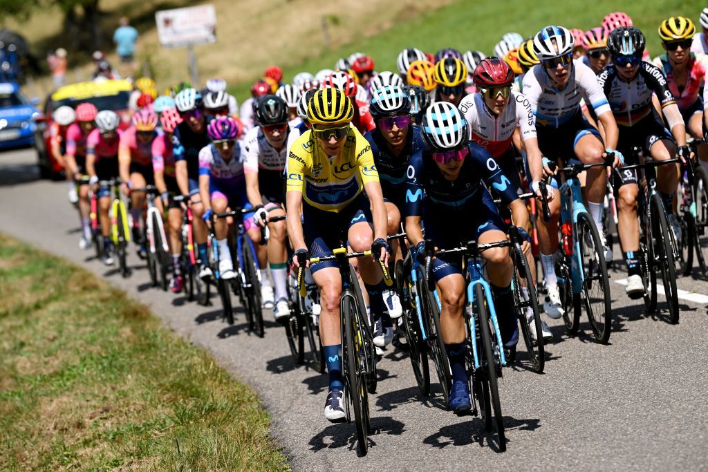 PLANCHE DES BELLES FILLES FRANCE JULY 31 Annemiek Van Vleuten of Netherlands and Movistar Team yellow leader jersey competes during the 1st Tour de France Femmes 2022 Stage 8 a 1233km stage from Lure to La Super Planche des Belles Filles TDFF UCIWWT on July 31 2022 in Planche des Belles Filles France Photo by Dario BelingheriGetty Images