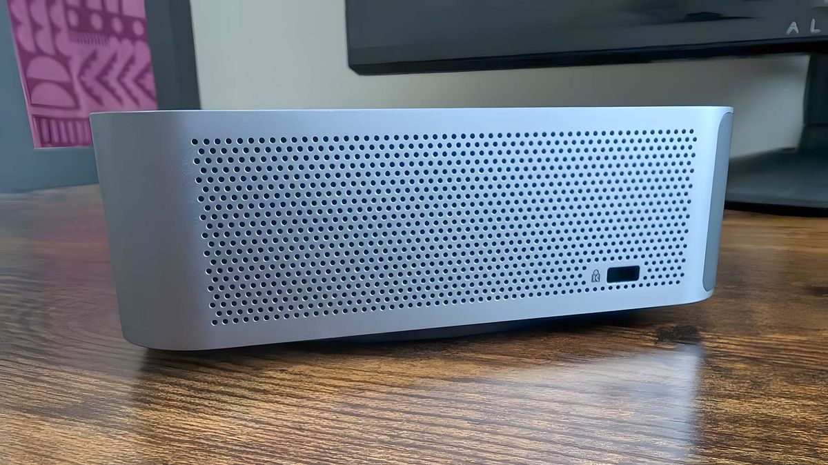 A side shot of the Geekom GT1 Mega that has a Kensington Lock.