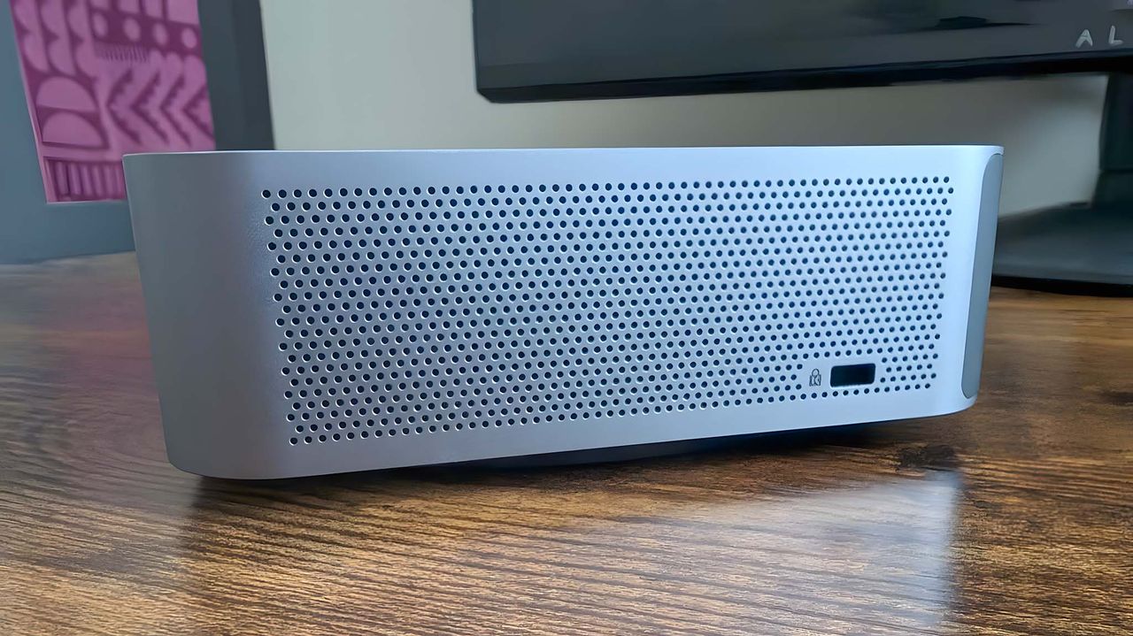 A side shot of the Geekom GT1 Mega that has a Kensington Lock.
