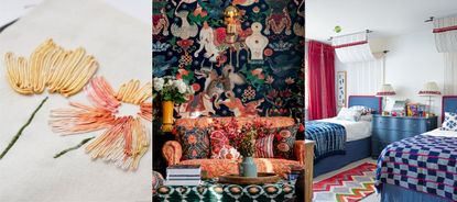 Three examples of fabric trends 2023. Hand-sewn floral detail on fabric, maximalist living room with clashing patterns, twin bedroom with stripe and check throws, canopies over bed, blue furniture