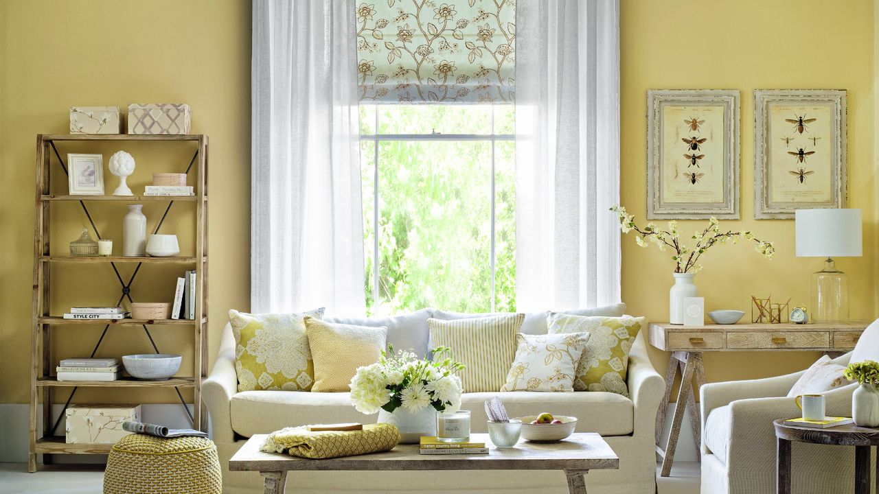 A yellow-painted living room