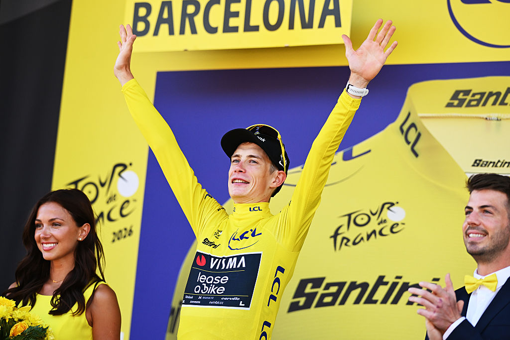 Jonas Vingegaard of Denmark and Team Visma | Lease a Bike celebrates at podium as Yellow Leader Jersey winner during the 113th Tour de France 2026, S