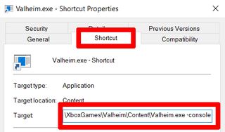 Valheim cheats — a screenshot of the Software properties window for the Valheim executable, with important sections highlighted
