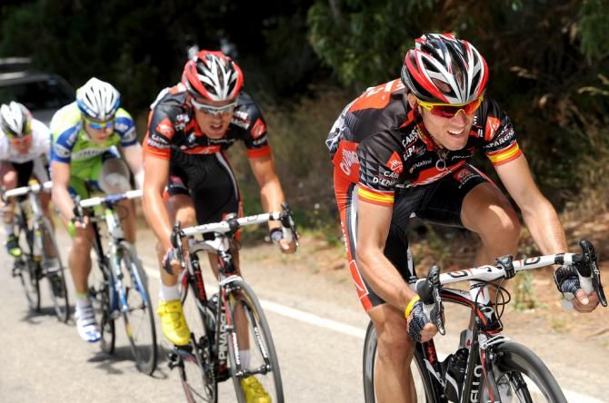 Alejandro Valverde working hard for Luis Leon Sanchez who has a young Peter Sagan on his wheel