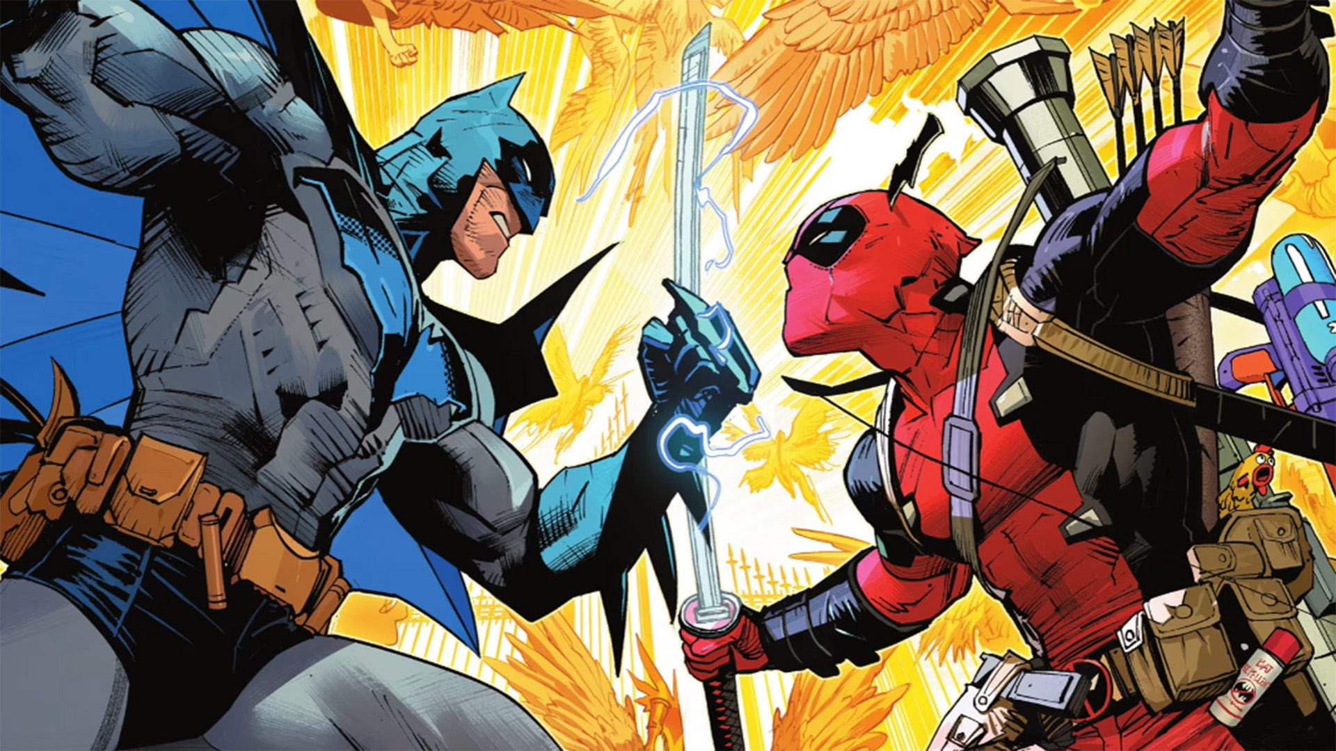 Batman and Deadpool clash on the cover to Batman/Deadpool #1.