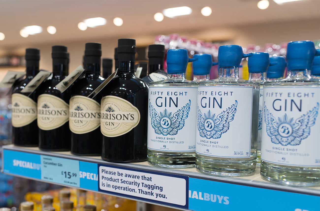 Bottles of gin on a shop shelf