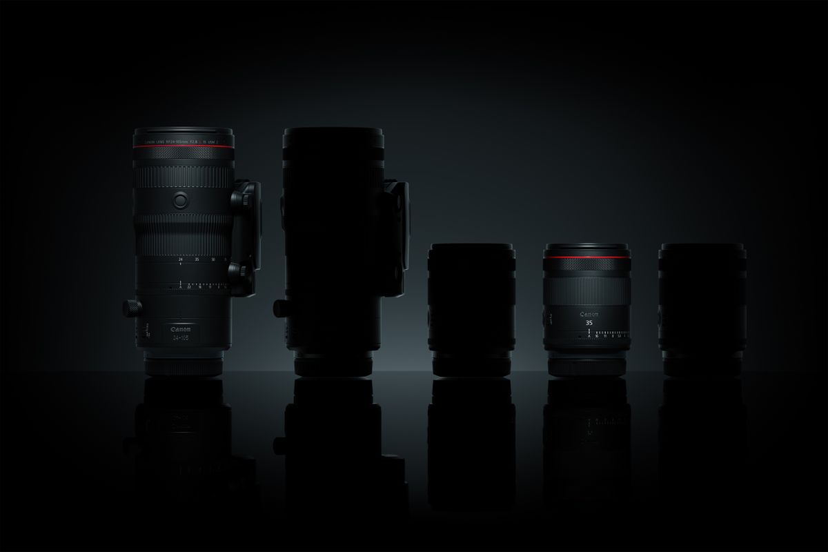 A teaser image showing five Canon L-series hybrid lenses, darkly lit, with three in complete silhouette