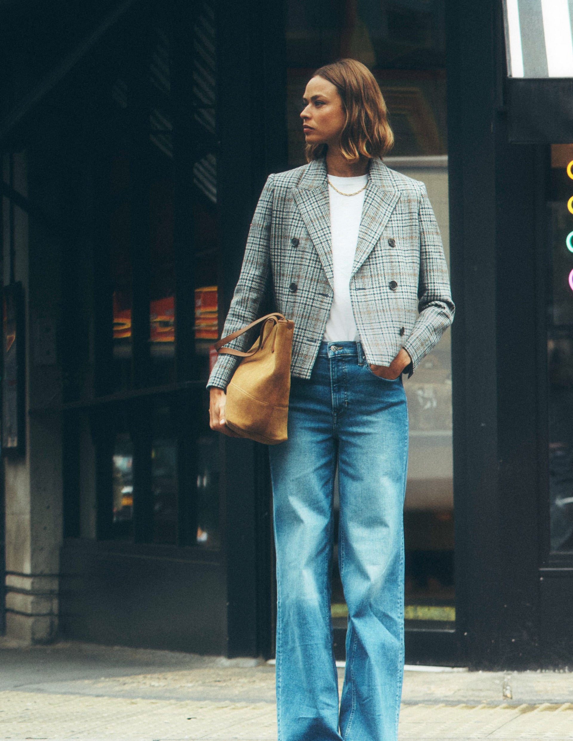 Boxy Double Breasted Blazer-Blue, Grey Check