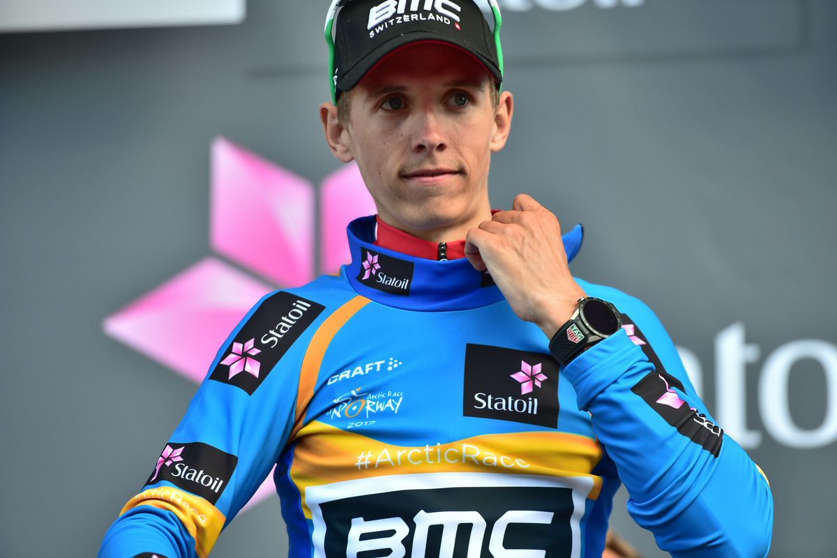 Dylan Teuns (BMC) pulls on the leader's jersey