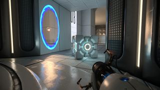 Screenshot of Portal with RTX on. A blue portal with an orb of light emerging from it can be seen in a corridor with a Weighted Test Cube in front of it.