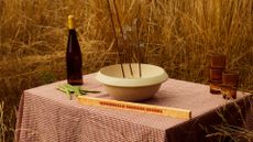 A table dressed in a gingham tablecloth holding a bottle of wine, peas, amber drinking glasses and an incense bowl with large sticks in a field