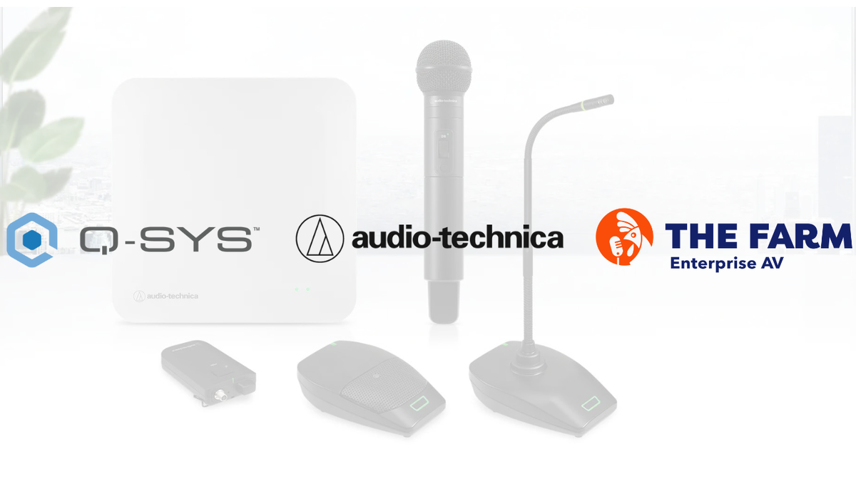 The Audio-Technica and Q-SYS logos, which just partnered for a new plug-in.