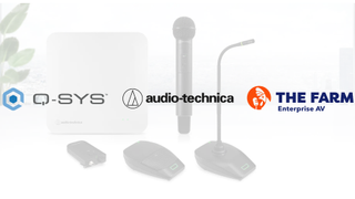 The Audio-Technica and Q-SYS logos, which just partnered for a new plug-in.