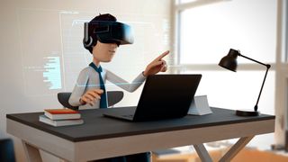 A virtual avatar in an office, wearing a VR headset