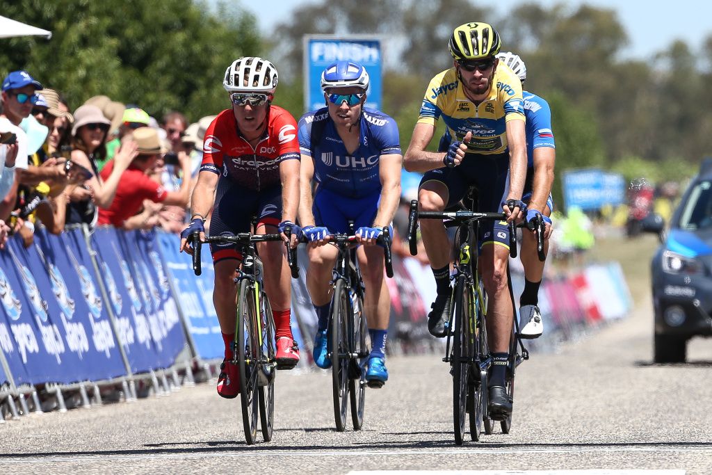 Race leader Damien Howson gives the thumbs up after crossing the line