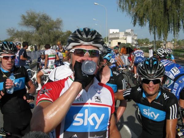 Team Sky celebrate with a drink