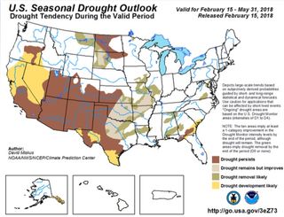 Large swaths of the Southwest are expected to experience a drought (brown) this spring.