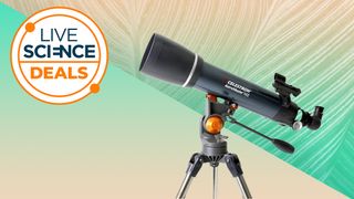 The Celestron AstroMaster 102AZ telescope on a Live Science backdrop
