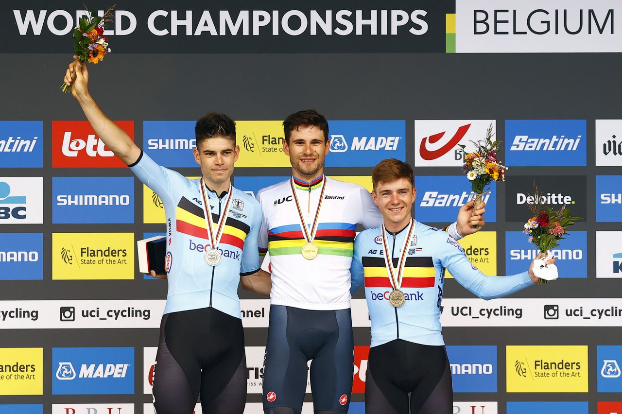 2021 UCI Road World Championships Flanders Men Elite Time Trial - Knokke - Heist Bruges 43,3 km - 19/09/2021 - Wout Van Aert (BEL) - Filippo Ganna (ITA) - Remco Evenepoel (BEL) - photo Luca Bettini/BettiniPhoto&Acirc;&copy;2021