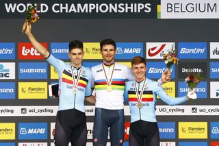 2021 UCI Road World Championships Flanders Men Elite Time Trial - Knokke - Heist Bruges 43,3 km - 19/09/2021 - Wout Van Aert (BEL) - Filippo Ganna (ITA) - Remco Evenepoel (BEL) - photo Luca Bettini/BettiniPhotoÂ©2021