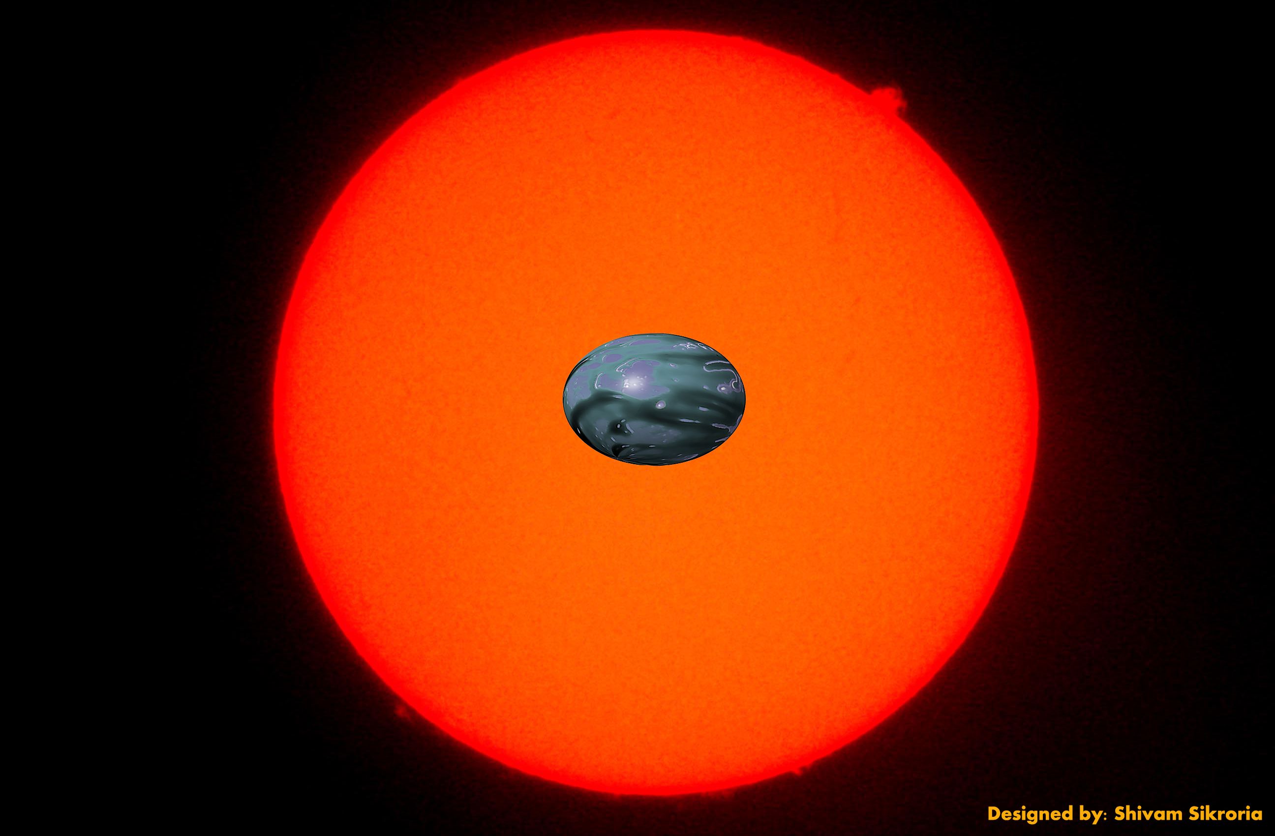 Artist’s concept of a stretched-out rocky planet closely orbiting a red dwarf star. There is a difference in the strength of the gravitational field on each side of the planet so close to the star, stretching the world significantly. 