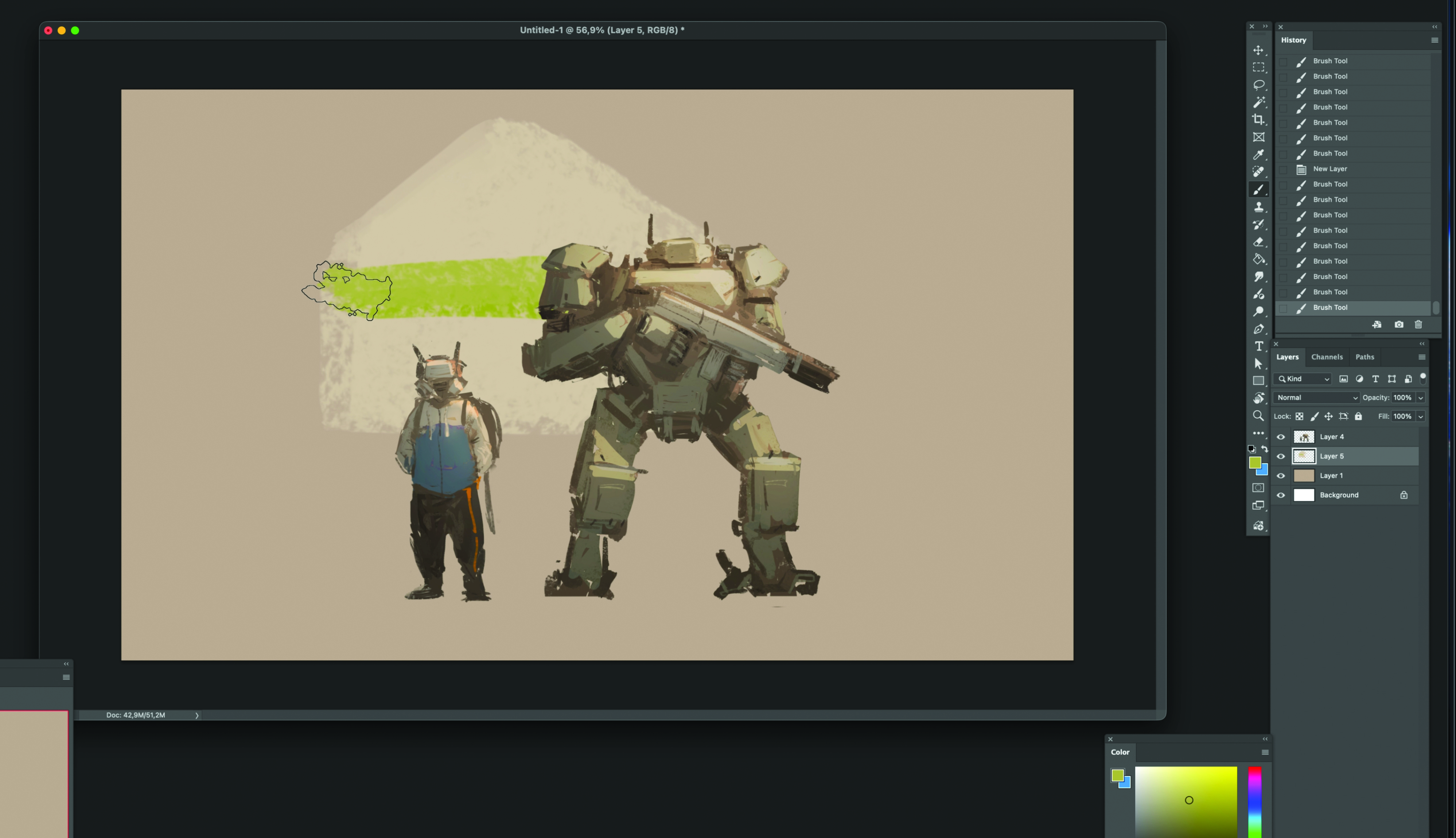 Part of the process of creating concept art with a robot character