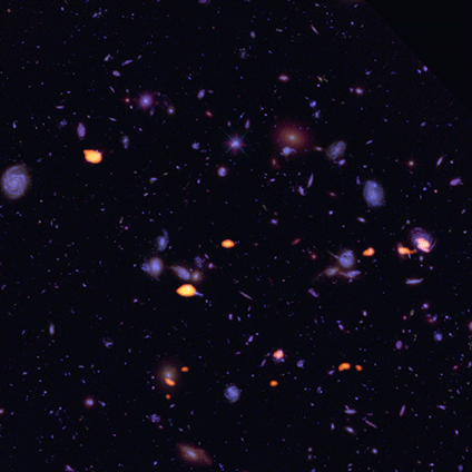 The galaxies rich in dust and cold gas, imaged by ALMA (in orange), juxtaposed with Hubble's view of the deep space field.