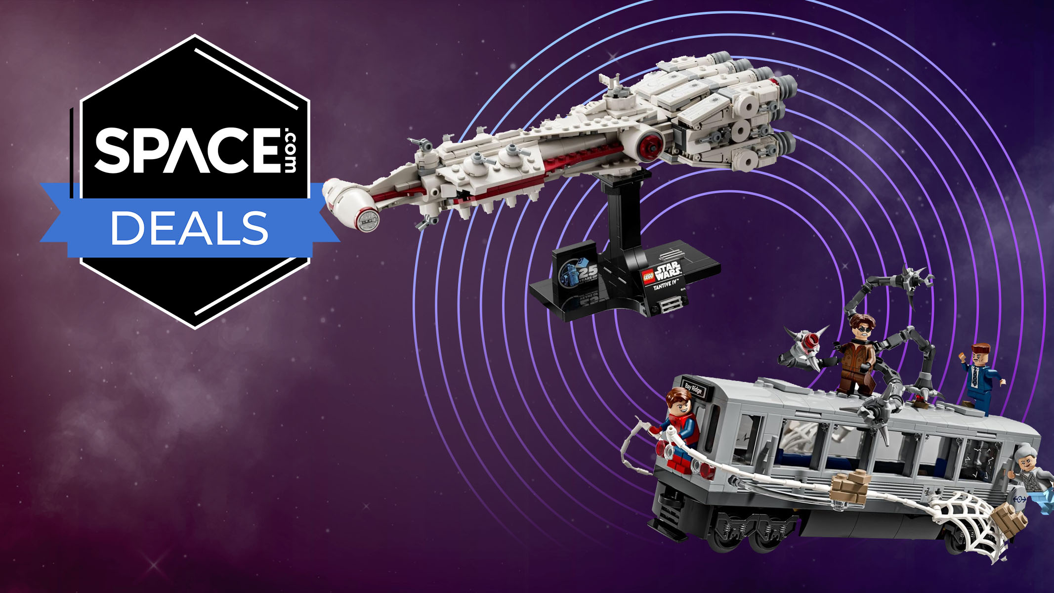 A Star Wars and Spider-Man lego set in front of a space background and a deals logo. 