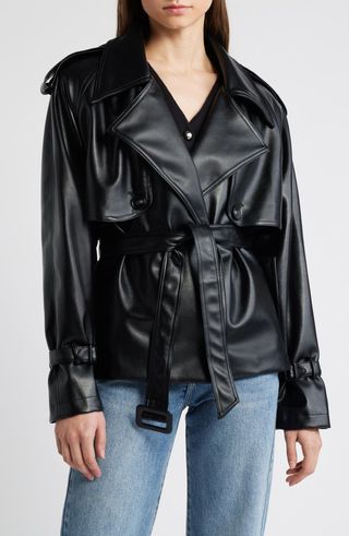 Tie Waist Faux Leather Trench Coat