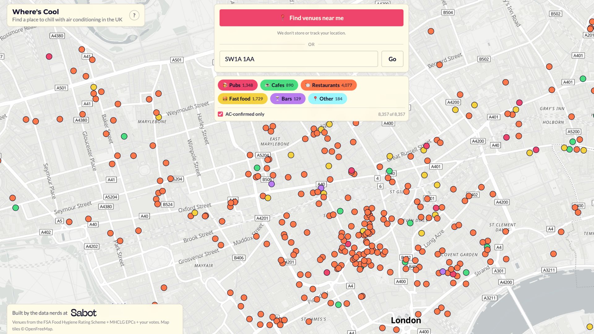 a screengrab image of the map, showing locations in Soho which have confirmed AC 