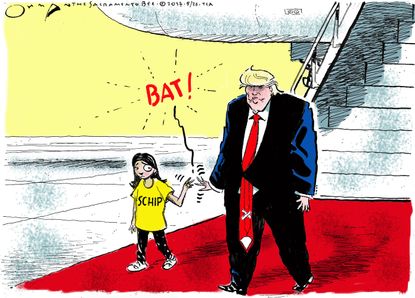 Political cartoon U.S. Trump healthcare cuts SCHIP Medicaid balloon
