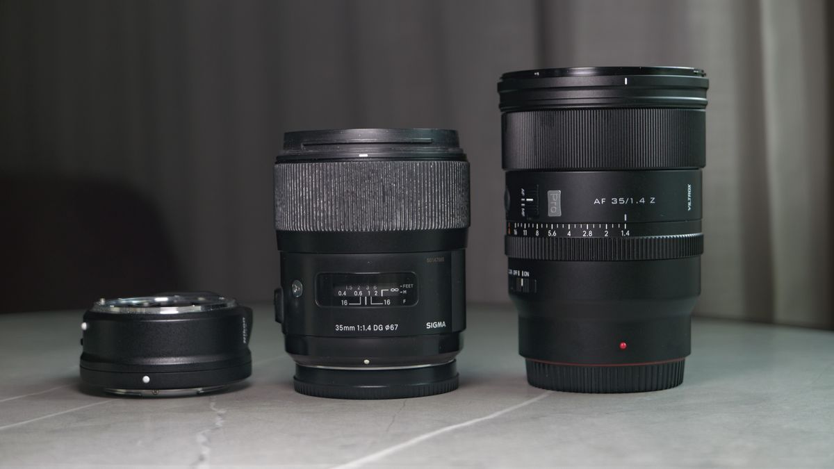 Viltrox AF 35mm F1.4 Pro lens alongside the Sigma 35mm f1/.4 DG Art lens, and the Nikon F to Z-mount adapter, on a white marble table