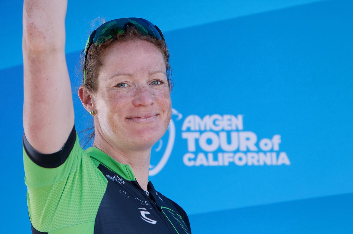 Kirsten Wild (Cylance Pro Cycling) waves from the podium