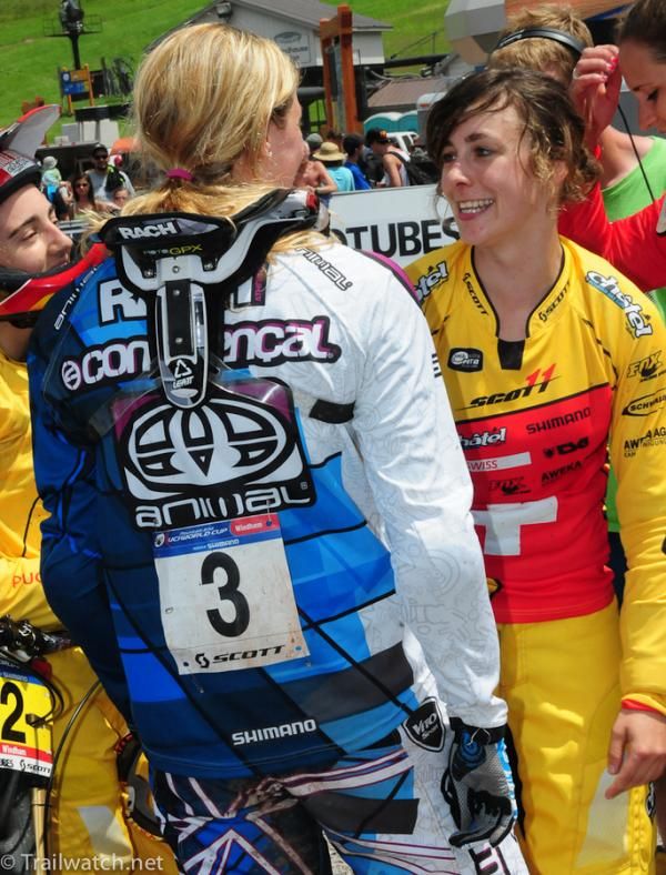 Rachael Atherton congratulating other podium finishers