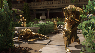 a screenshot from Forgotten City, showing golden statues of people in various poses of pain.